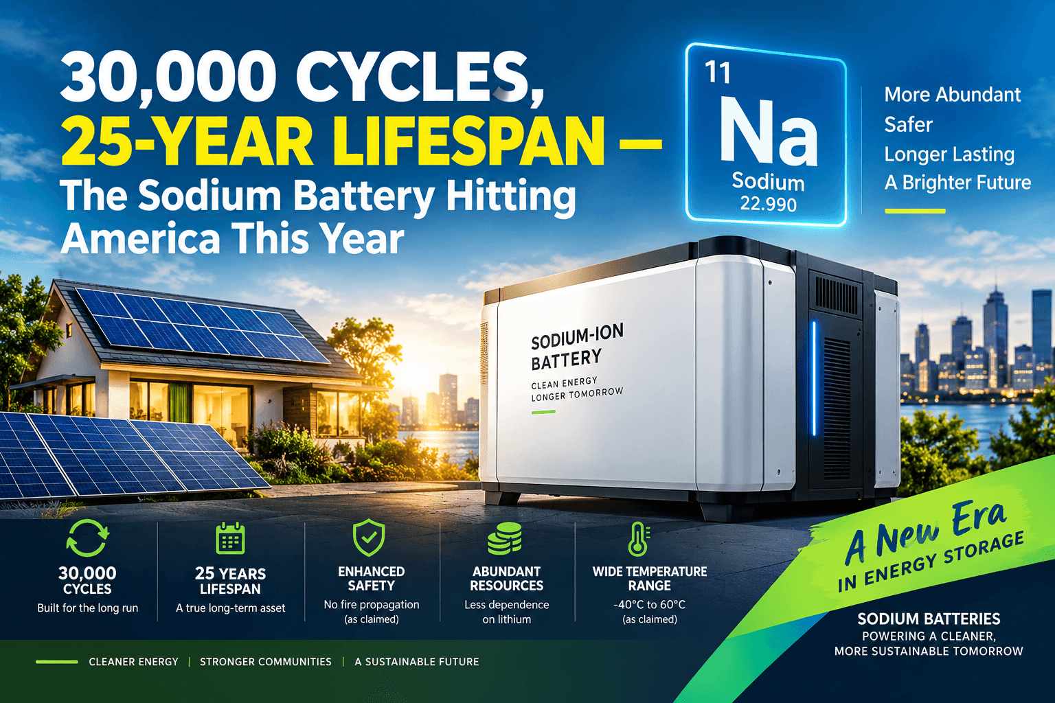 30,000 Cycles, 25-Year Lifespan — The Sodium Battery Hitting America This Year